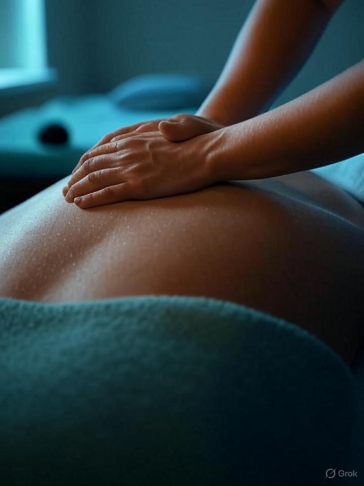 A close-up, photorealistic image of hands gently kneading the muscles of a back, stress ball nearby. The lighting should be soft and warm, highlighting the soothing touch. Color palette: calming blues and greens. Camera angle: A shallow depth of field to focus on the hands and the immediate area of the back. Texture details: the smoothness of the skin, the warmth of the hands. Style reference: calming and therapeutic. Environment: A peaceful, dimly lit massage room.