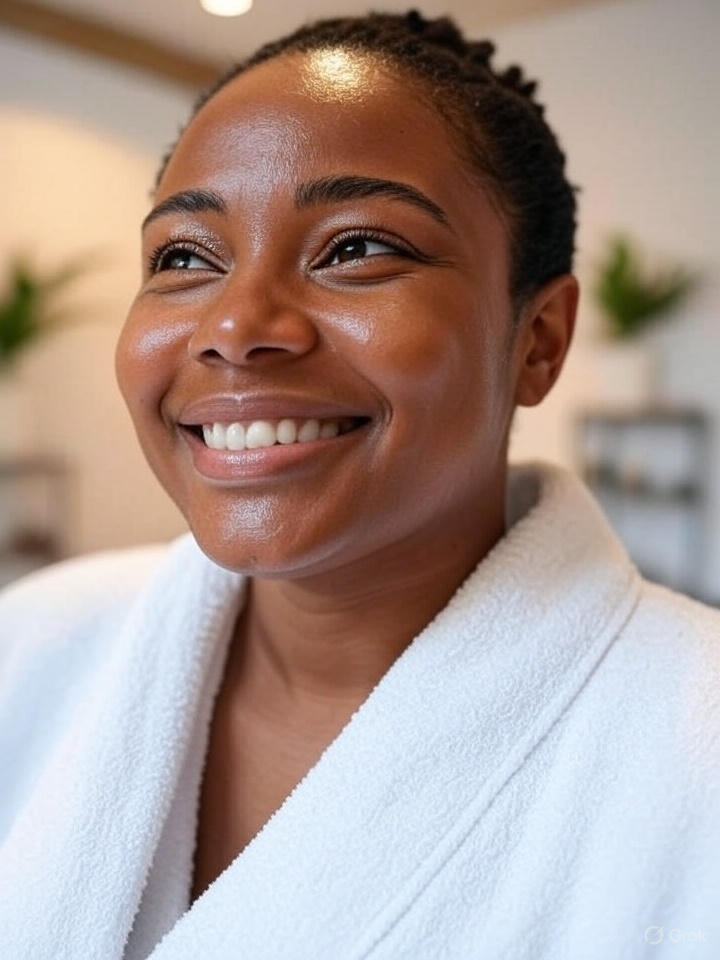 A photorealistic image of a person smiling contentedly after a massage. The lighting should be bright and cheerful, highlighting the person's radiant skin. Color palette: warm and inviting, with vibrant colors and natural tones. Camera angle: A close-up shot of the person's face, capturing their genuine smile. Texture details: the smoothness of the skin, the sparkle in the eyes. Style reference: joyful and uplifting. Environment: A clean, modern spa setting.