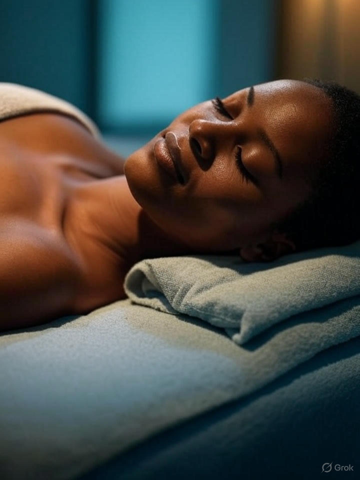 A photorealistic image of a person lying on a massage table, eyes closed, with a peaceful expression. The lighting should be soft and warm, highlighting the person's relaxed posture. Color palette: calming blues and greens. Camera angle: A medium shot of the person's body, capturing their entire form. Texture details: the smoothness of the skin, the softness of the linens. Style reference: restorative and calming. Environment: A dimly lit massage room, with soothing music and aromatherapy scents.