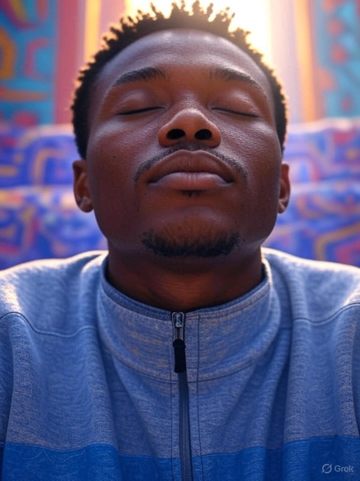 A stylized image of a person meditating, with light rays shining through their head. The color palette should be bright and vibrant, with contrasting colors and bold patterns. Camera angle: A low-angle shot of the person's face, emphasizing their inner strength. Style reference: futuristic and empowering. Environment: A modern, high-tech setting.