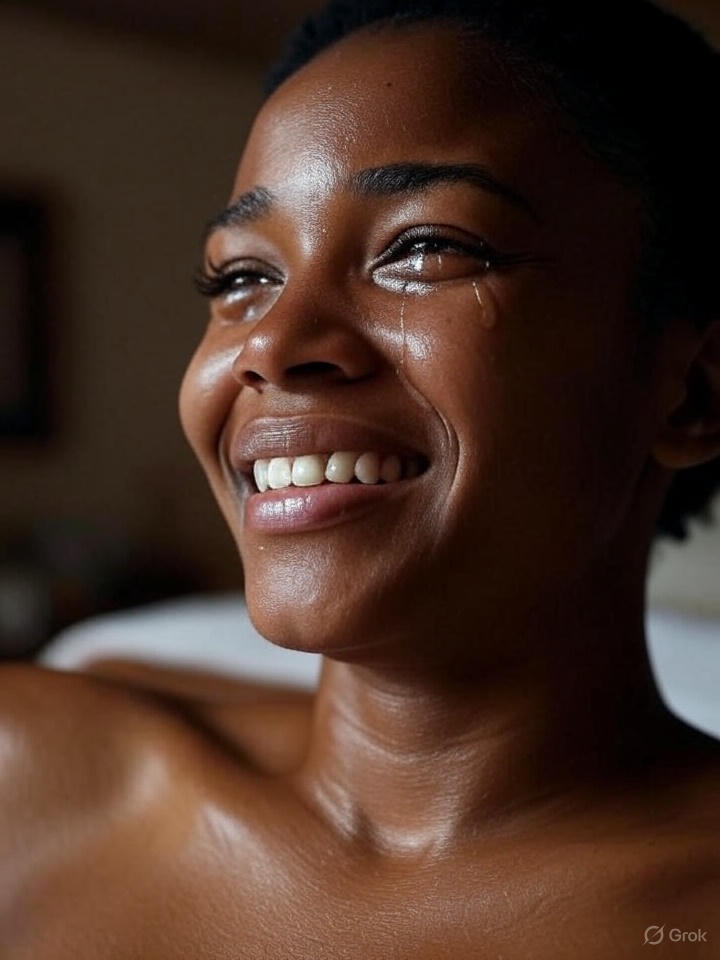 A photorealistic image of a person crying tears of joy during a massage. The lighting should be soft and comforting, highlighting the person's vulnerability. Color palette: warm and inviting, with muted colors and natural tones. Camera angle: A close-up shot of the person's face, capturing their raw emotions. Texture details: the smoothness of the skin, the wetness of the tears. Style reference: authentic and empathetic. Environment: A private, dimly lit massage room.
