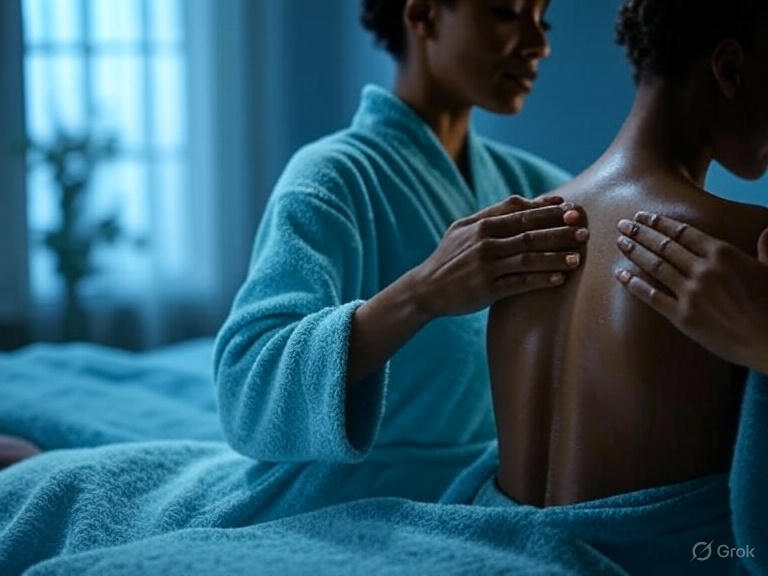 A photorealistic image of a therapist performing long, flowing strokes on a client's back. Soft, warm lighting. Focus on hands and back. Calming color palette. 4K resolution, emphasizing relaxation.